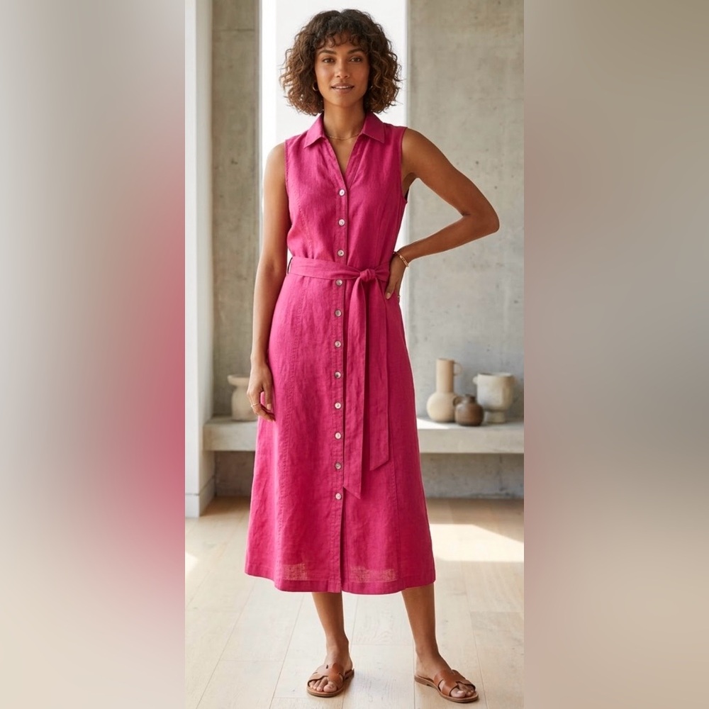 VTG Chicos Dress Sz 1.5 MEDIUM Red Midi Linen Button Sleeveless Teacher Belted